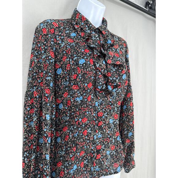 Free People Top XS Black Floral Ruffle Red Blue Boho Cottage Long Sleeve Button - Picture 4 of 9
